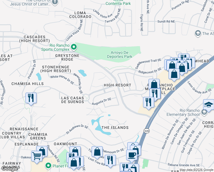 map of restaurants, bars, coffee shops, grocery stores, and more near 3832 Spyglass Loop Southeast in Rio Rancho