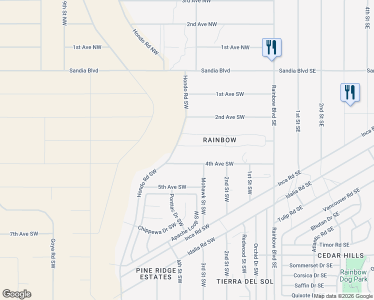 map of restaurants, bars, coffee shops, grocery stores, and more near 321 4th Avenue Northeast in Rio Rancho