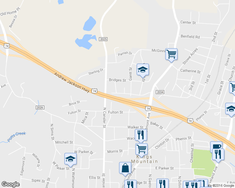 map of restaurants, bars, coffee shops, grocery stores, and more near 215 Lackey Street in Kings Mountain