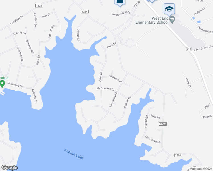 map of restaurants, bars, coffee shops, grocery stores, and more near 114 McCracken Drive in Seven Lakes