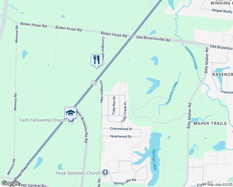 map of restaurants, bars, coffee shops, grocery stores, and more near 5672 Tulip Grove Drive in Memphis