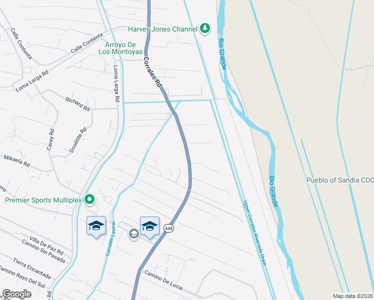 map of restaurants, bars, coffee shops, grocery stores, and more near 6729 Corrales Road in Corrales