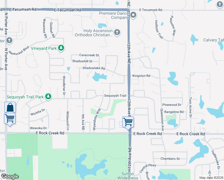 map of restaurants, bars, coffee shops, grocery stores, and more near 1032 Cedarcrest Street in Norman