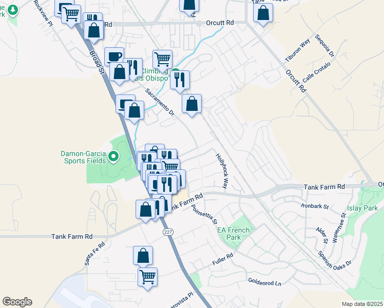 map of restaurants, bars, coffee shops, grocery stores, and more near 874 Bougainvillea Street in San Luis Obispo