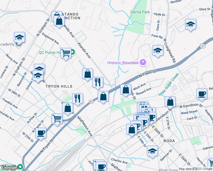 map of restaurants, bars, coffee shops, grocery stores, and more near 3027 North Tryon Street in Charlotte
