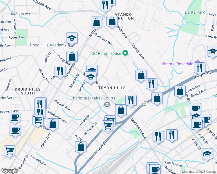 map of restaurants, bars, coffee shops, grocery stores, and more near 2731 Catalina Avenue in Charlotte