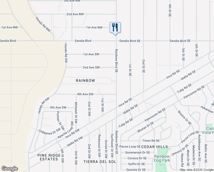 map of restaurants, bars, coffee shops, grocery stores, and more near 39 4th Avenue Southwest in Rio Rancho