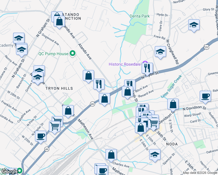 map of restaurants, bars, coffee shops, grocery stores, and more near in Charlotte