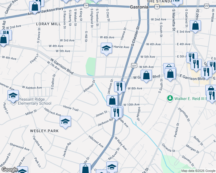map of restaurants, bars, coffee shops, grocery stores, and more near 508 West 8th Avenue in Gastonia