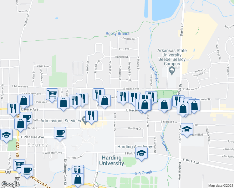 map of restaurants, bars, coffee shops, grocery stores, and more near 602 North Cross Street in Searcy