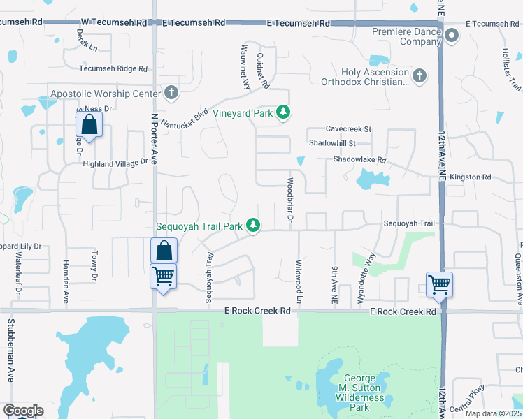 map of restaurants, bars, coffee shops, grocery stores, and more near 2725 Winding Creek Circle in Norman