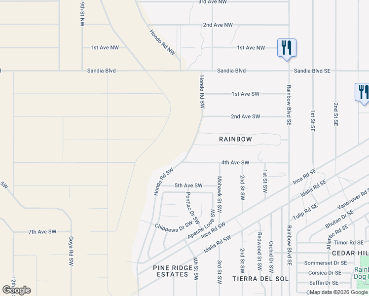 map of restaurants, bars, coffee shops, grocery stores, and more near 101 Hondo Road Southwest in Rio Rancho