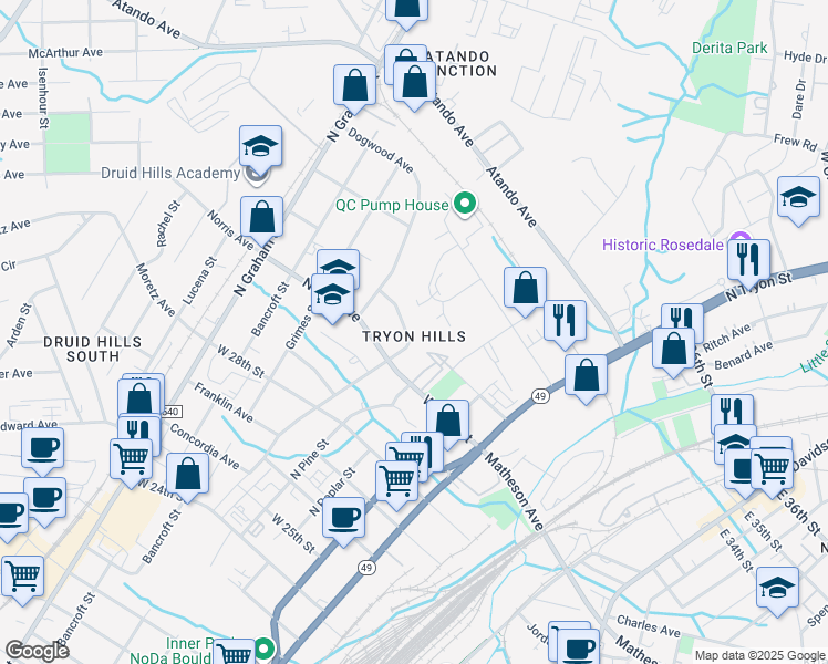 map of restaurants, bars, coffee shops, grocery stores, and more near in Charlotte