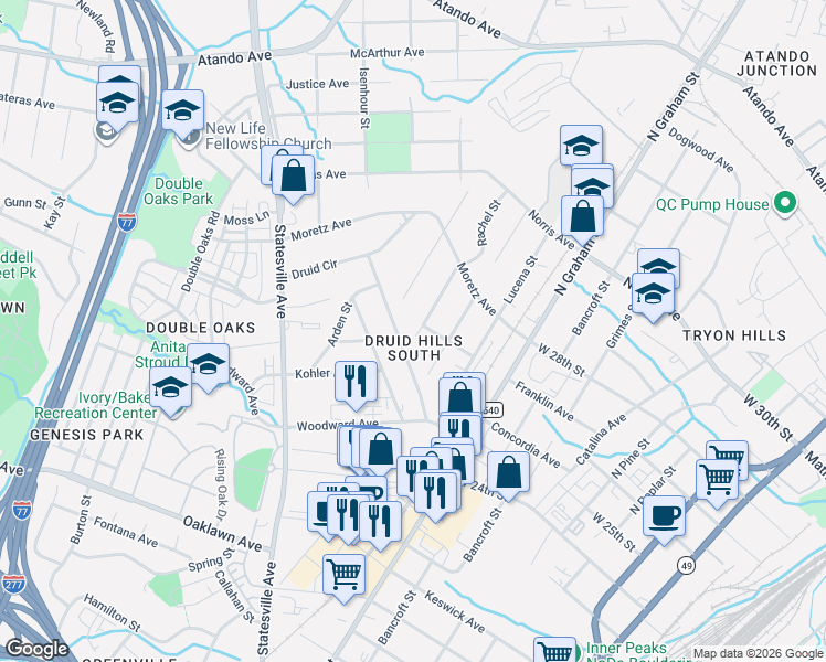 map of restaurants, bars, coffee shops, grocery stores, and more near 2405 Rachel Street in Charlotte