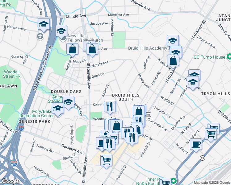 map of restaurants, bars, coffee shops, grocery stores, and more near in Charlotte