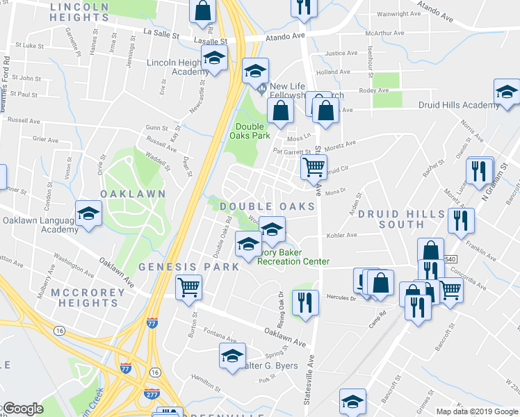 map of restaurants, bars, coffee shops, grocery stores, and more near 3257 Bending Birch Place in Charlotte