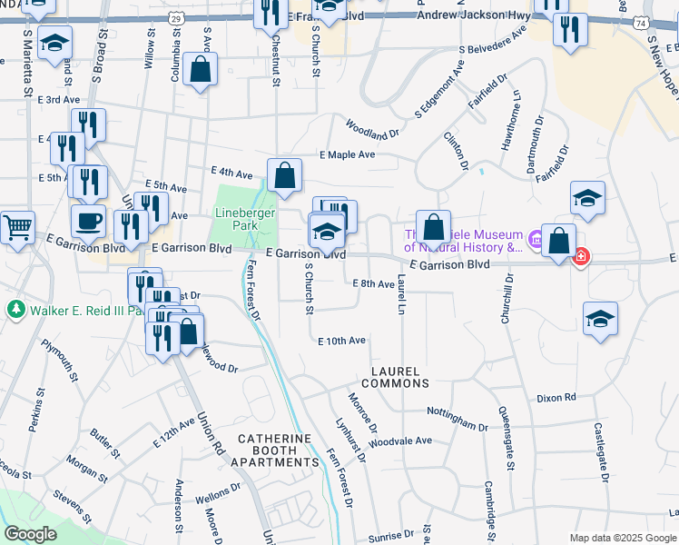 map of restaurants, bars, coffee shops, grocery stores, and more near 1013 East Garrison Boulevard in Gastonia