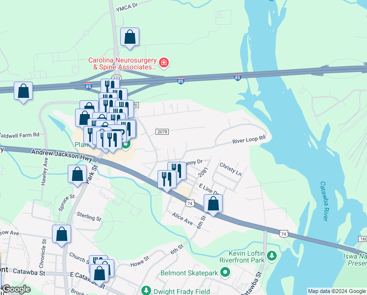 map of restaurants, bars, coffee shops, grocery stores, and more near 119 River Loop Road in Belmont
