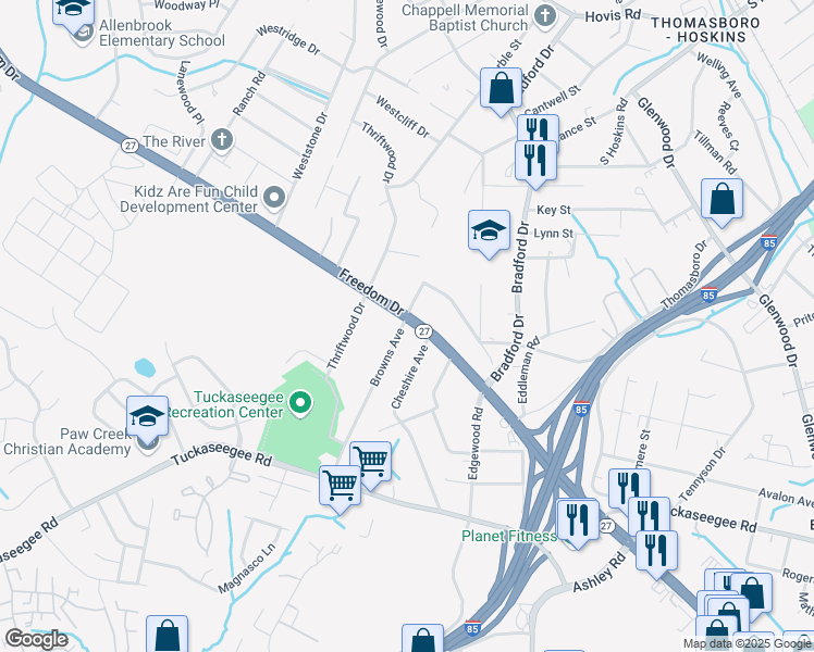 map of restaurants, bars, coffee shops, grocery stores, and more near 3949 Freedom Drive in Charlotte