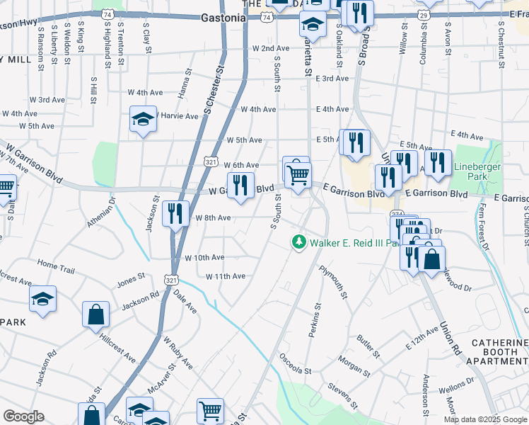 map of restaurants, bars, coffee shops, grocery stores, and more near 812 Gibbons Street in Gastonia