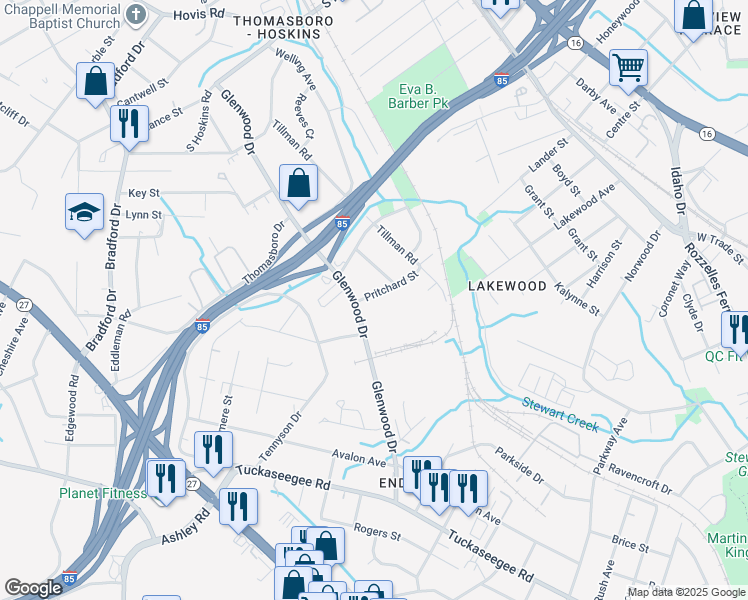 map of restaurants, bars, coffee shops, grocery stores, and more near 739 Pritchard Street in Charlotte