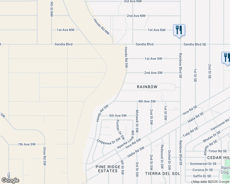 map of restaurants, bars, coffee shops, grocery stores, and more near 101 Hondo Road Southwest in Rio Rancho
