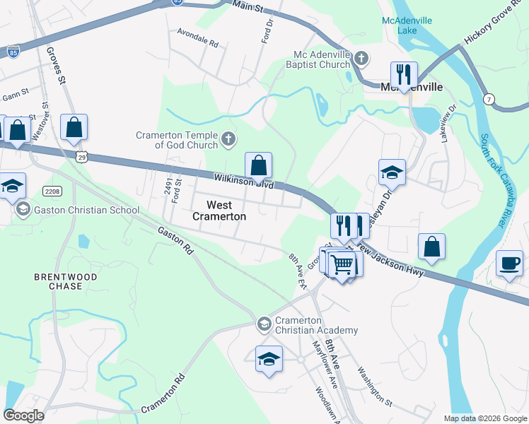 map of restaurants, bars, coffee shops, grocery stores, and more near 609 2494 in Cramerton