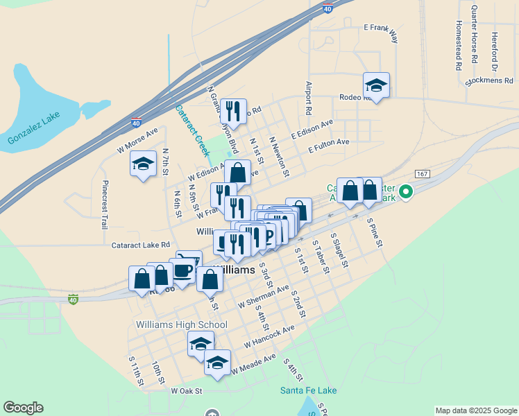 map of restaurants, bars, coffee shops, grocery stores, and more near 124 West Franklin Avenue in Williams