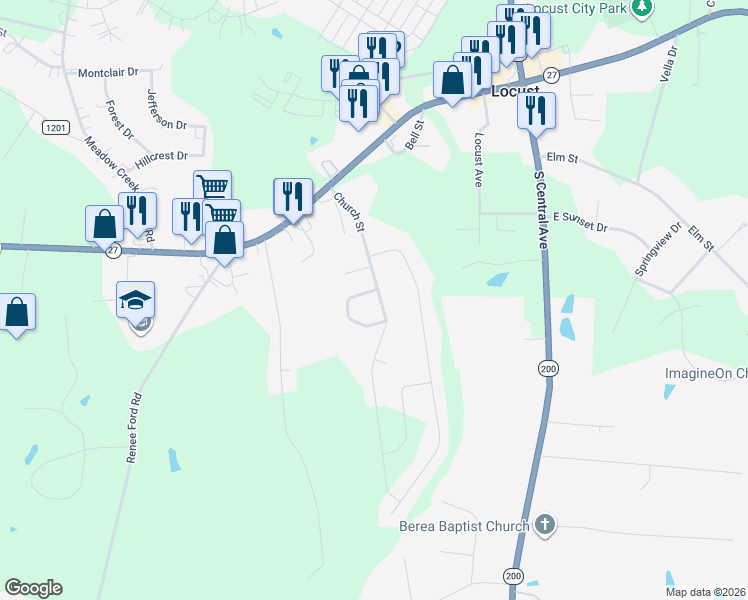 map of restaurants, bars, coffee shops, grocery stores, and more near 318 Church Street in Locust