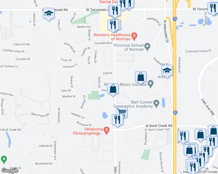 map of restaurants, bars, coffee shops, grocery stores, and more near 2804 Chelsea Drive in Norman