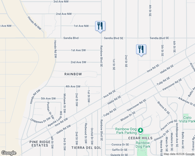 map of restaurants, bars, coffee shops, grocery stores, and more near 302 Rainbow Boulevard Southeast in Rio Rancho