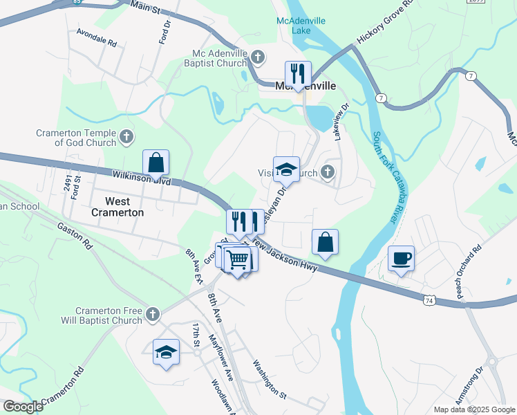map of restaurants, bars, coffee shops, grocery stores, and more near 122 Helton Street in Gastonia