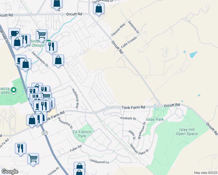 map of restaurants, bars, coffee shops, grocery stores, and more near 4120 Hillside Drive in San Luis Obispo