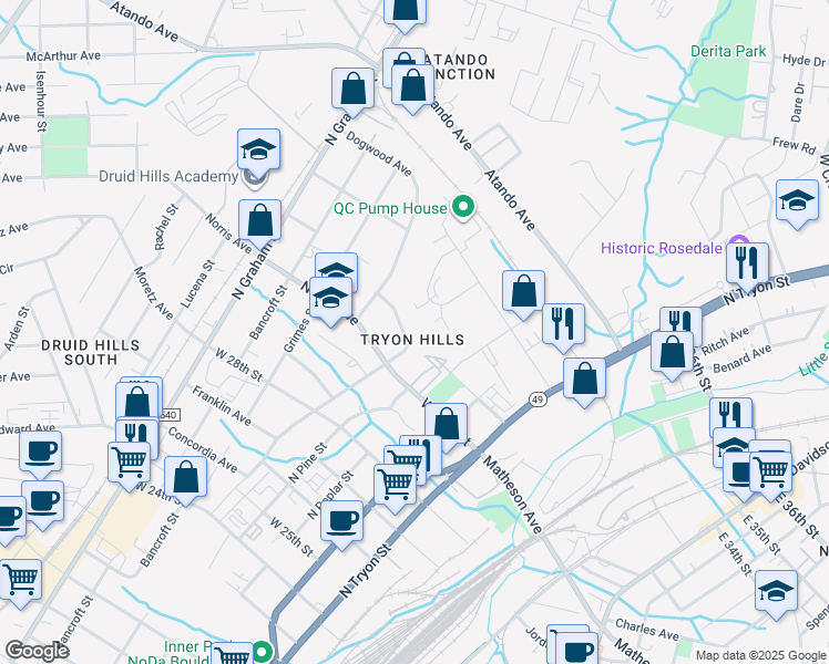 map of restaurants, bars, coffee shops, grocery stores, and more near in Charlotte