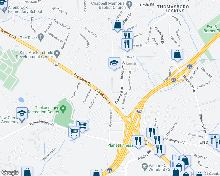 map of restaurants, bars, coffee shops, grocery stores, and more near 642 Northway Drive in Charlotte