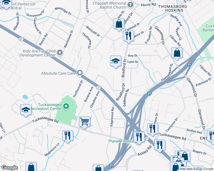 map of restaurants, bars, coffee shops, grocery stores, and more near 642 Northway Drive in Charlotte