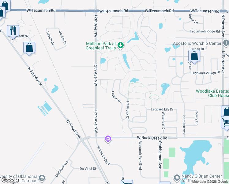 map of restaurants, bars, coffee shops, grocery stores, and more near 2803 Lerkim Lane in Norman