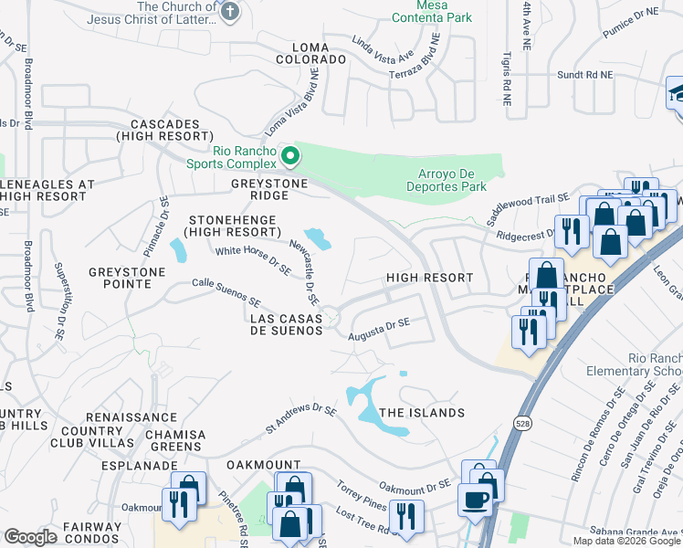 map of restaurants, bars, coffee shops, grocery stores, and more near 3736 Spyglass Loop Southeast in Rio Rancho