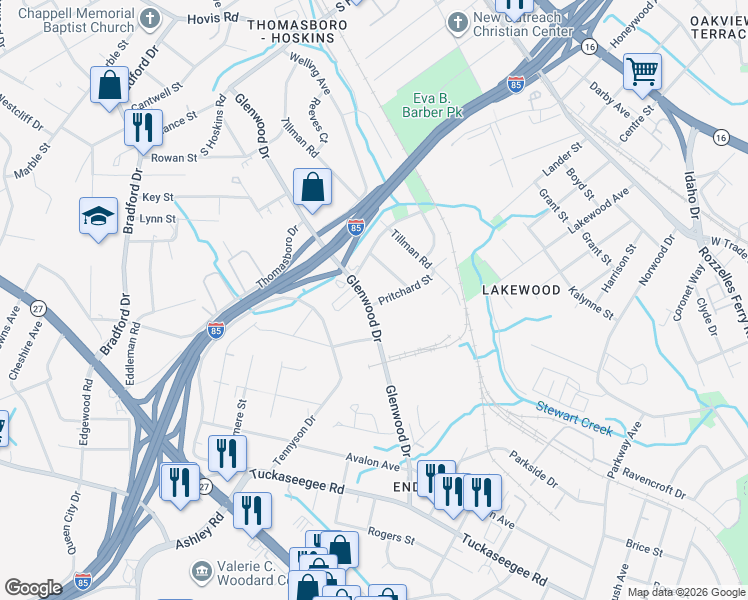 map of restaurants, bars, coffee shops, grocery stores, and more near 4117 Glenwood Drive in Charlotte