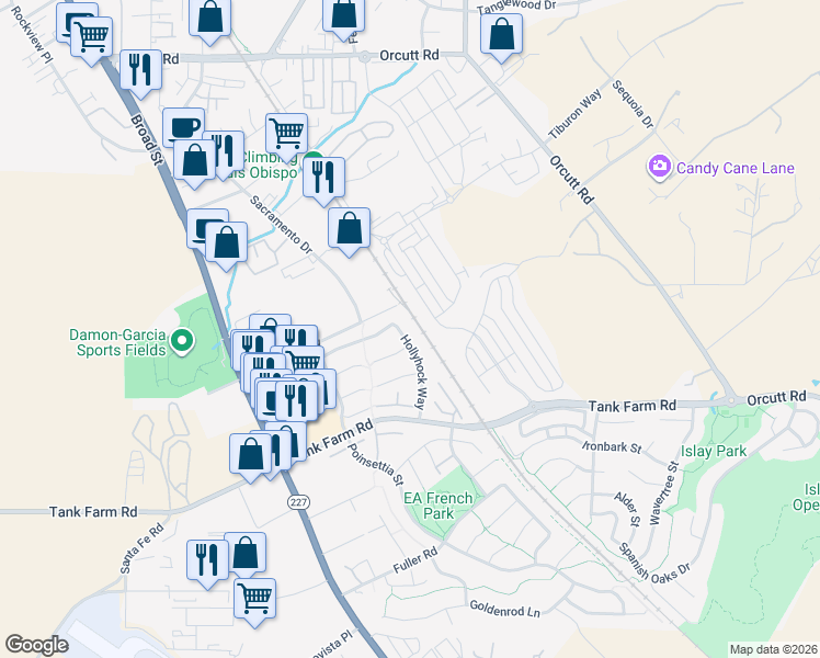 map of restaurants, bars, coffee shops, grocery stores, and more near 3924 Hollyhock Way in San Luis Obispo
