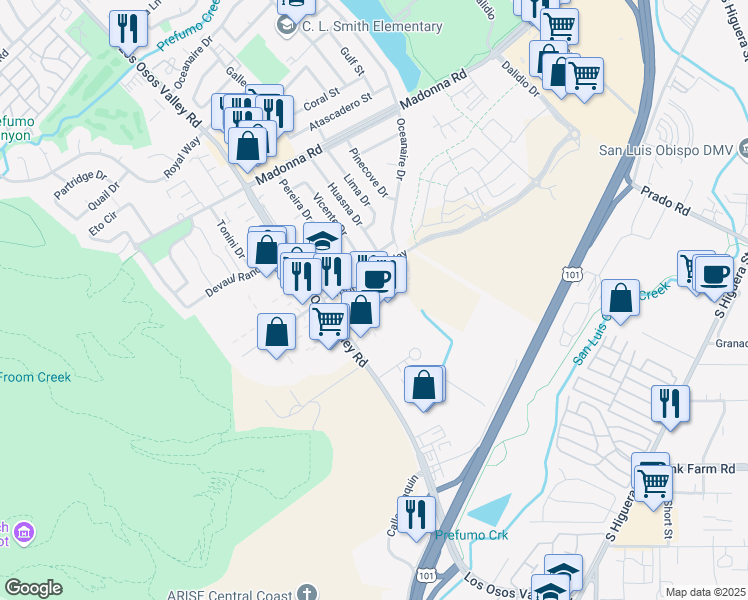 map of restaurants, bars, coffee shops, grocery stores, and more near 11970 Froom Ranch Way in San Luis Obispo