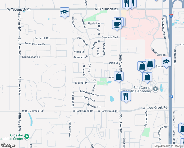 map of restaurants, bars, coffee shops, grocery stores, and more near 2821 Astor Drive in Norman