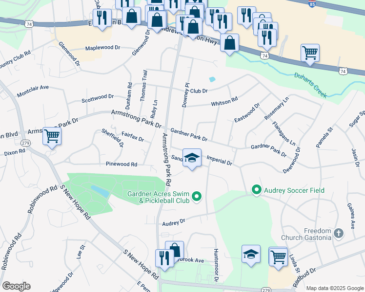 map of restaurants, bars, coffee shops, grocery stores, and more near 2918 Imperial Drive in Gastonia