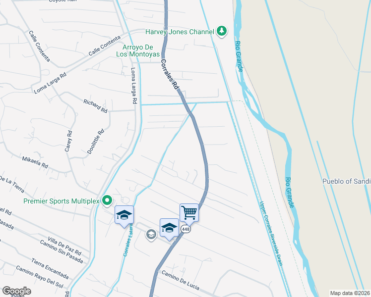 map of restaurants, bars, coffee shops, grocery stores, and more near 6729 Corrales Road in Corrales