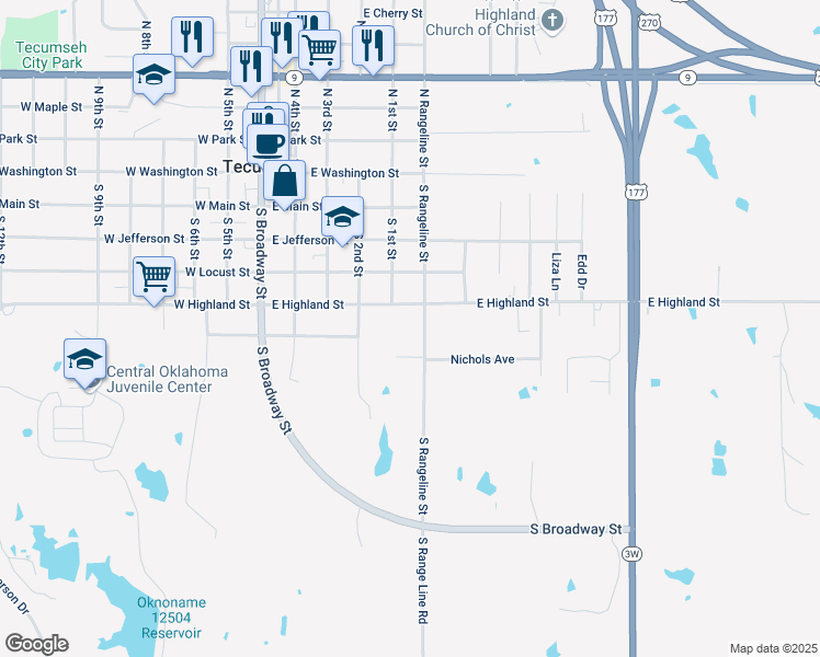 map of restaurants, bars, coffee shops, grocery stores, and more near 502 East Highland Street in Tecumseh