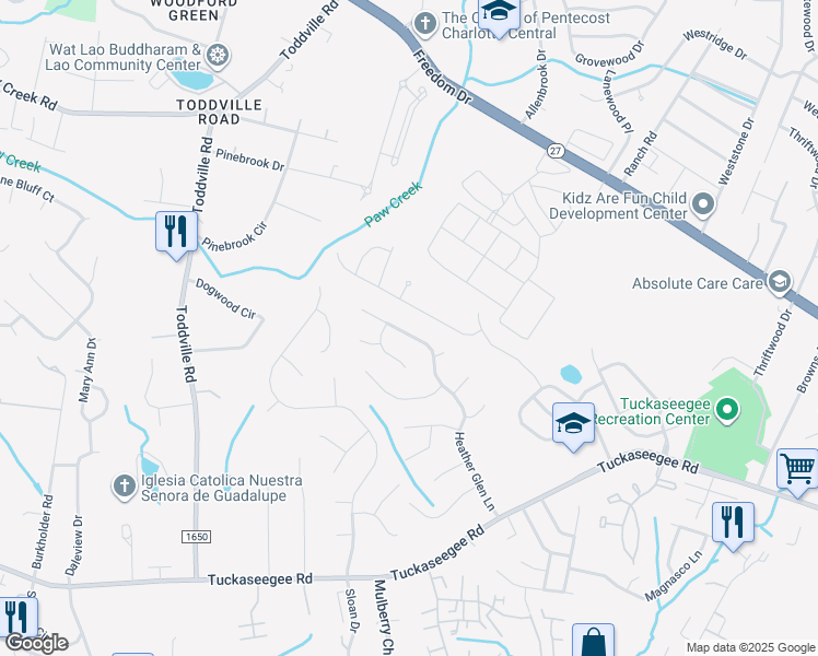 map of restaurants, bars, coffee shops, grocery stores, and more near 2213 Heather Glen Lane in Charlotte