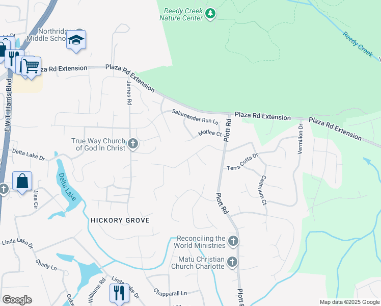 map of restaurants, bars, coffee shops, grocery stores, and more near 8253 Gera Emma Drive in Charlotte