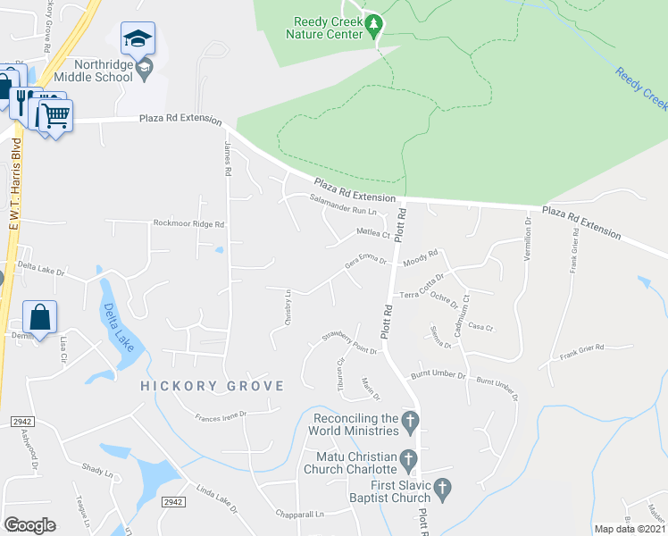 map of restaurants, bars, coffee shops, grocery stores, and more near 8253 Gera Emma Drive in Charlotte