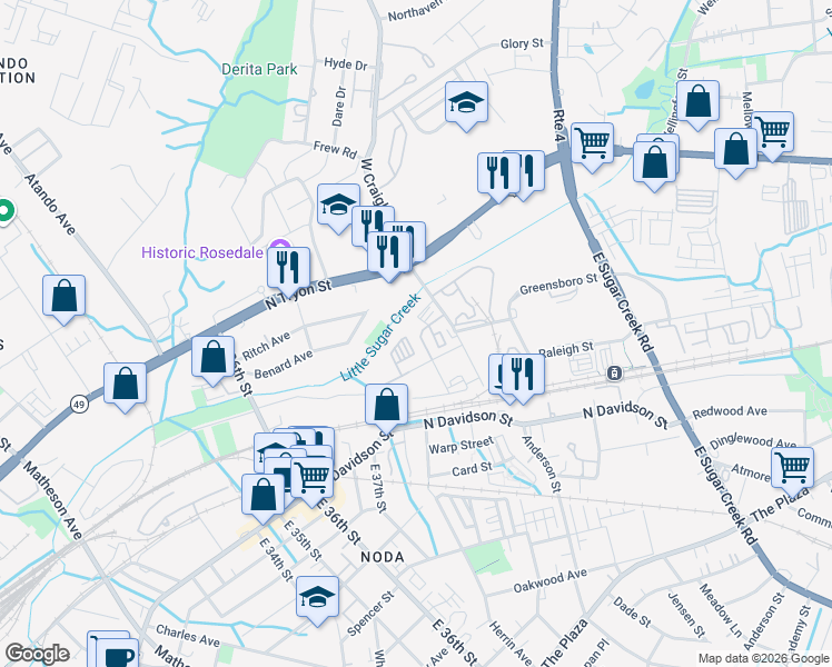 map of restaurants, bars, coffee shops, grocery stores, and more near in Charlotte
