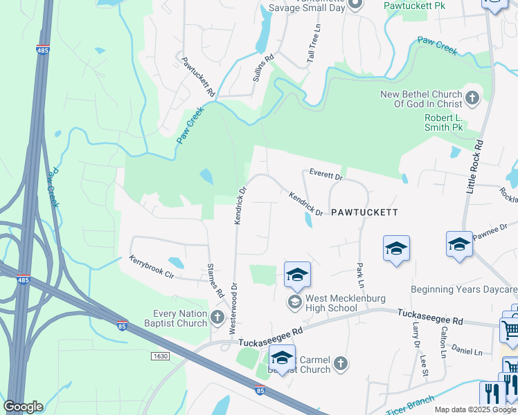 map of restaurants, bars, coffee shops, grocery stores, and more near 3010 Grace Meadow Lane in Charlotte